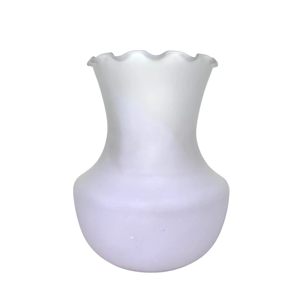 Viking Glass Frosted Satin Butterfly Vase Ruffled Rim Vintage White Floral 6in
